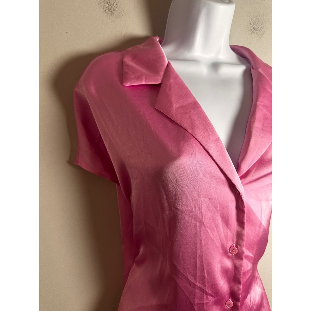 Rachel Rachel Roy Hot Pink Satin Button Down Short Sleeve Blouse Large Fuchsia - Picture 3 of 7